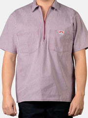 Ben Davis Short Sleeve Half Zip Work Shirt - BURGUNDY STRIPE